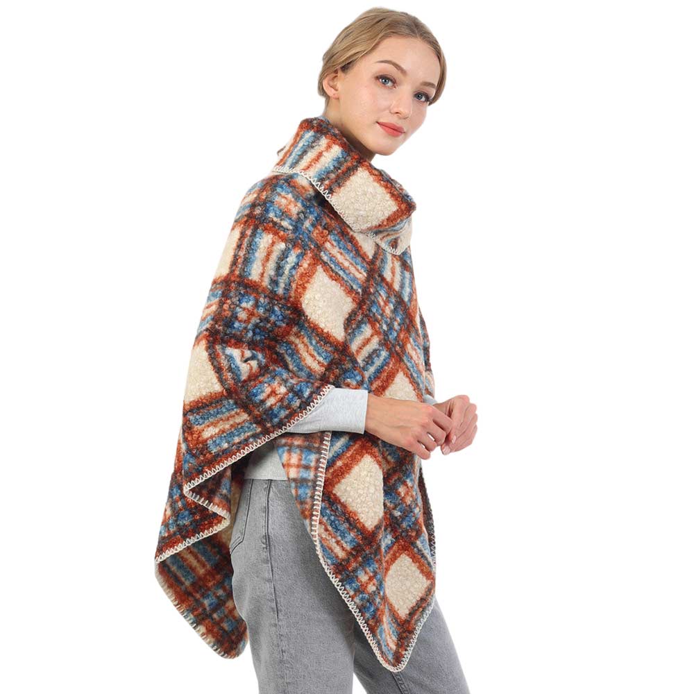 Blue Check Patterned Neck Poncho, with the latest trend in ladies' outfit cover-up! the high-quality knit poncho is soft, comfortable, and warm but lightweight It's perfect for your daily, casual, party, evening, vacation, and other special events outfits. A fantastic gift for your friends or family.