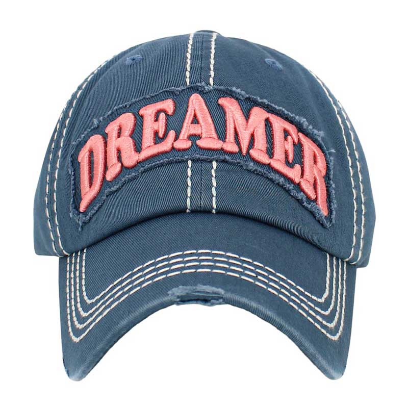 Blue Dreamer Message Vintage Baseball Cap, is crafted from durable cotton twill. It features an adjustable strap with an antique brass buckle for a snug fit and a unique vintage look. The bold printed message displays the wearer's commitment to their dream. Get the perfect fit and stylish look with this one-of-a-kind cap.
