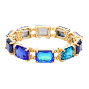 Blue Emerald Cut Stone Stretch Evening Bracelet, crafted from shimmering and high-quality glass beads. The Emerald cut of the stones makes sparkle and adds a touch of sophistication to any special occasion outfit. A timeless piece of jewelry perfect in any collection. Perfect gift for special ones on any special day.