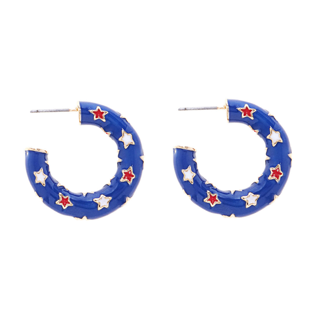 Blue Enamel American USA Flag Pattern Hoop Earrings. These charming earrings feature a design of the American flag in vibrant enamel, making them a perfect way to show your love for your country. Made with high-quality materials, they are also durable and long-lasting. Elevate your style with these unique earrings.