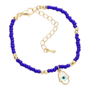 Blue Evil Eye Centered Hamsa Hand Charm Seed Beaded Bracelet, these evil eye-centered hamsa hand charm seed beaded bracelets are easy to put on, and take off and so comfortable for daily wear. Awesome gift for birthdays, Valentine’s Day, or any meaningful occasion.