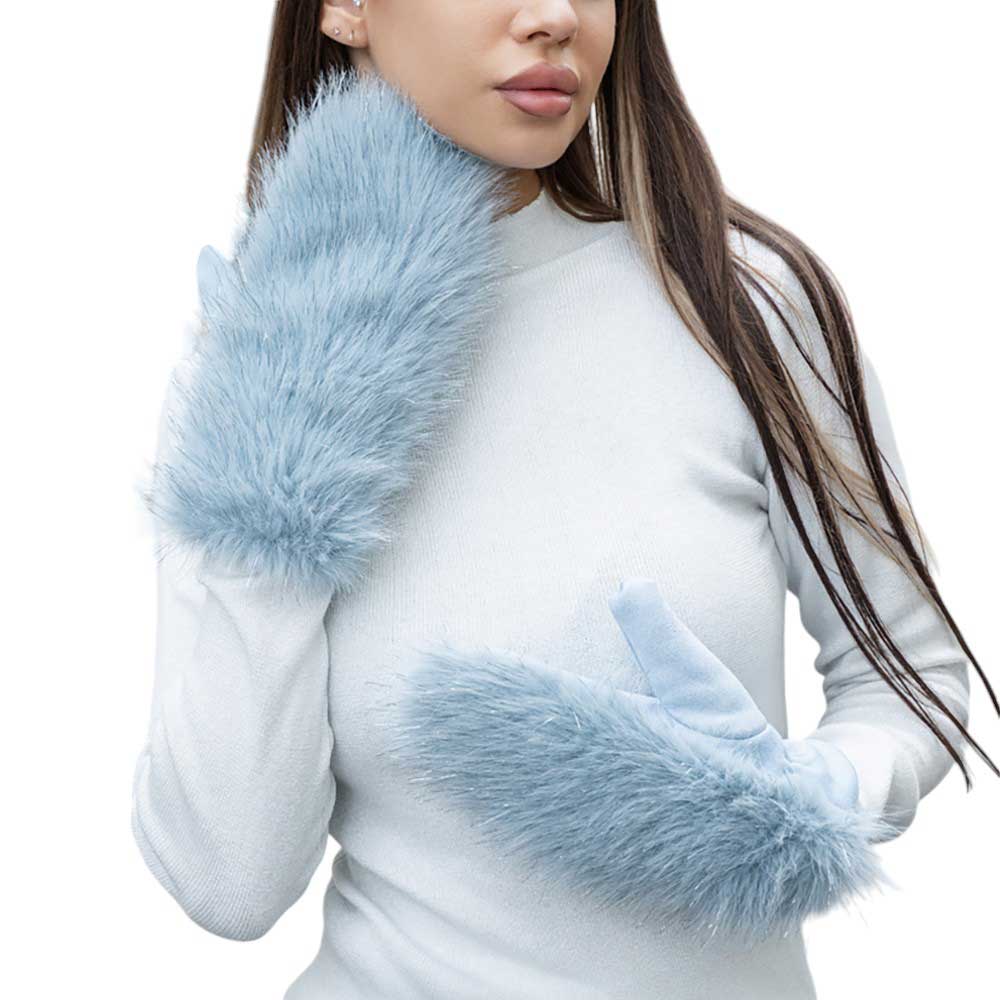 Blue-Faux Fuzzy Fur Mitten Gloves offer the ultimate combination of style and warmth. Made with soft and luxurious faux fur, they provide maximum comfort for your hands while adding a touch of elegance to any outfit. With these gloves, you can stay cozy and fashionable all winter long.