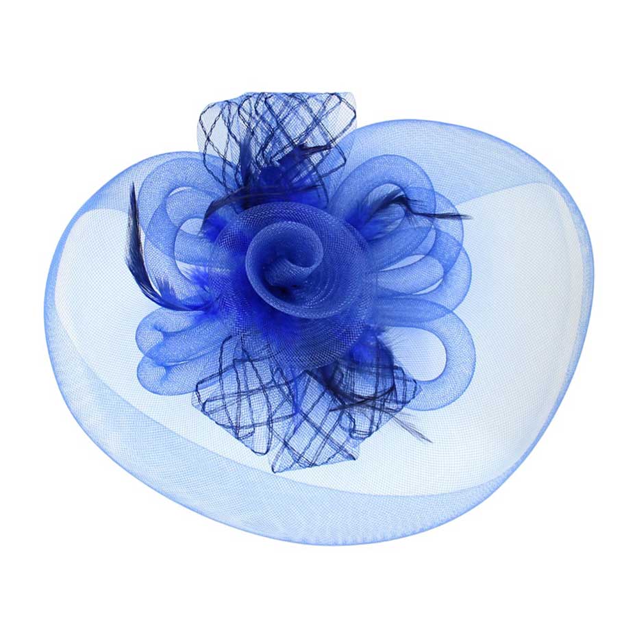Blue Feather Mesh Flower Fascinator Headband, Accentuate your look with this. Crafted with mesh and feathers, this headband brings an elegant touch to any outfit. The unique flower shape gives it a timeless and classic look. Perfect for gifting, any occasion, or everyday wear.