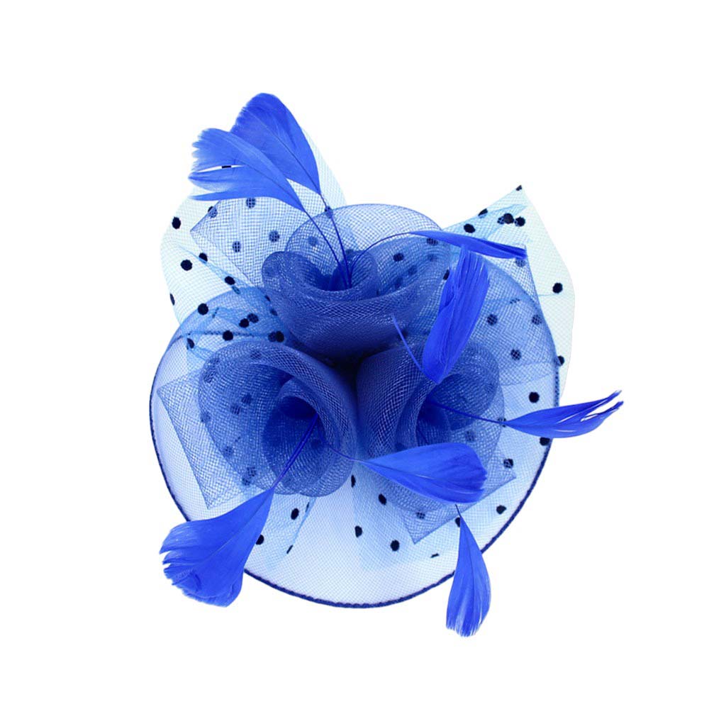 Blue Feather Mesh Flower Fascinator Headband, Accentuate your look with this. Crafted with mesh and feathers, this headband brings an elegant touch to any outfit. The unique flower shape gives it a timeless and classic look. Perfect for gifting, any occasion, or everyday wear.