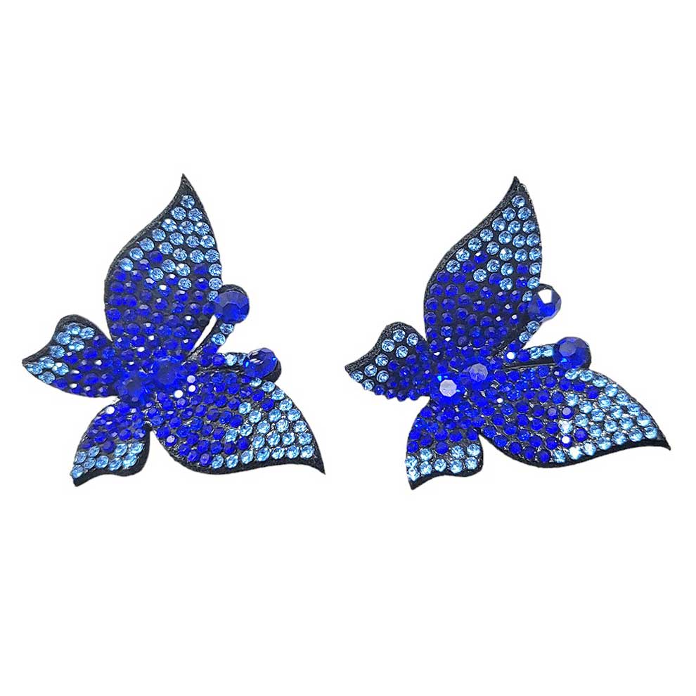 Blue Felt Back Bling Studded Butterfly Earrings, Expertly crafted with a felt backing and studded with delicate butterfly accents, these earrings add a touch of elegance and charm to any outfit. The soft backing ensures comfort while the stunning butterfly design makes for a timeless and versatile accessory.