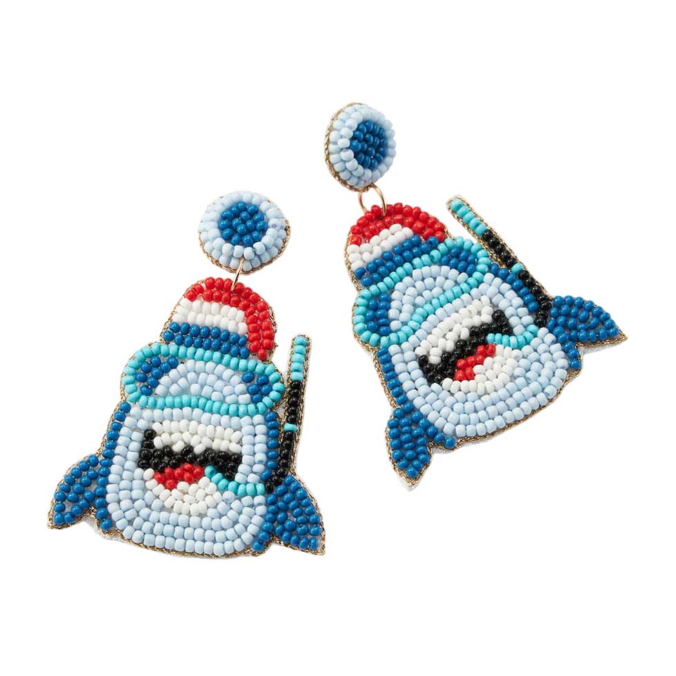 Blue Felt Back Seed Beaded Shark Dangle Earrings. Elevate your holiday style with our enchanting Earrings! These exquisite earrings are the perfect accessory to get you into the Christmas spirit, and they're meticulously handcrafted to add a touch of festive charm to your look. Perfect Gift for Birthdays, Christmas, BFF.