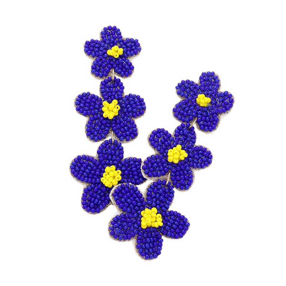 Blue Felt Back Triple Flower Beaded Dropdown Earrings, Expertly crafted with three delicate flowers and intricate beading, these earrings add a touch of elegance to any outfit. Made with a soft felt backing for comfortable wear. Versatile and stylish, they are the perfect addition to your jewelry collection.