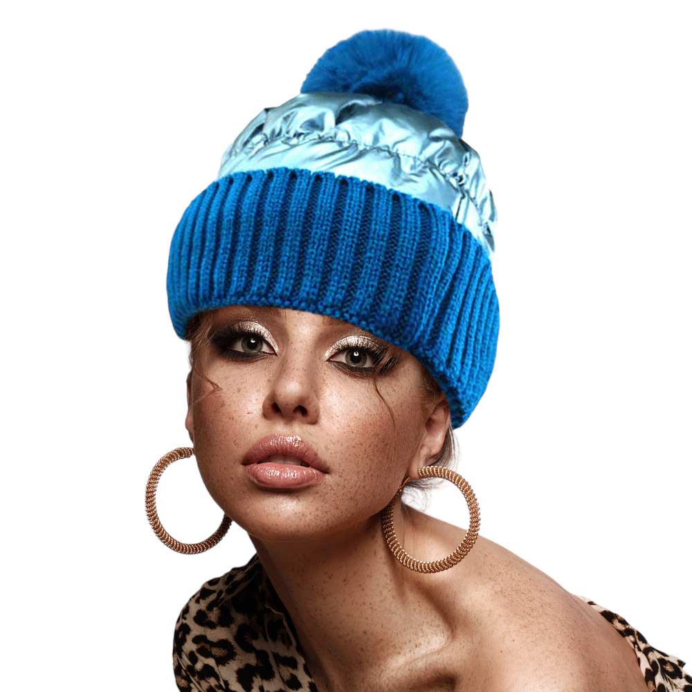 Blue Fleece Lining Puffer Knit Pom Pom Beanie Hat, Whether you're dressing up or dressing down, you'll look effortlessly stylish in this Knitted pom pom beanie. It provides warmth to your head and ears. Puffer Outer material creates a Shiny and Metallic outlook. Daily wear and holiday also match. Perfect gift idea too!