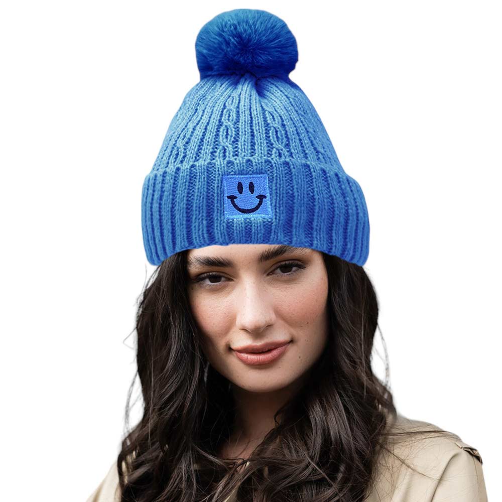 Blue Fleece Lining Smile Pointed Pom Pom Beanie Hat, Stay warm and stylish with this hat. Wear it on a cold winter day or as a fashion statement. Perfect for chilly winter days. Warming gift item for teenagers, fashion enthusiasts, co-workers, friends & family members, and yourself.