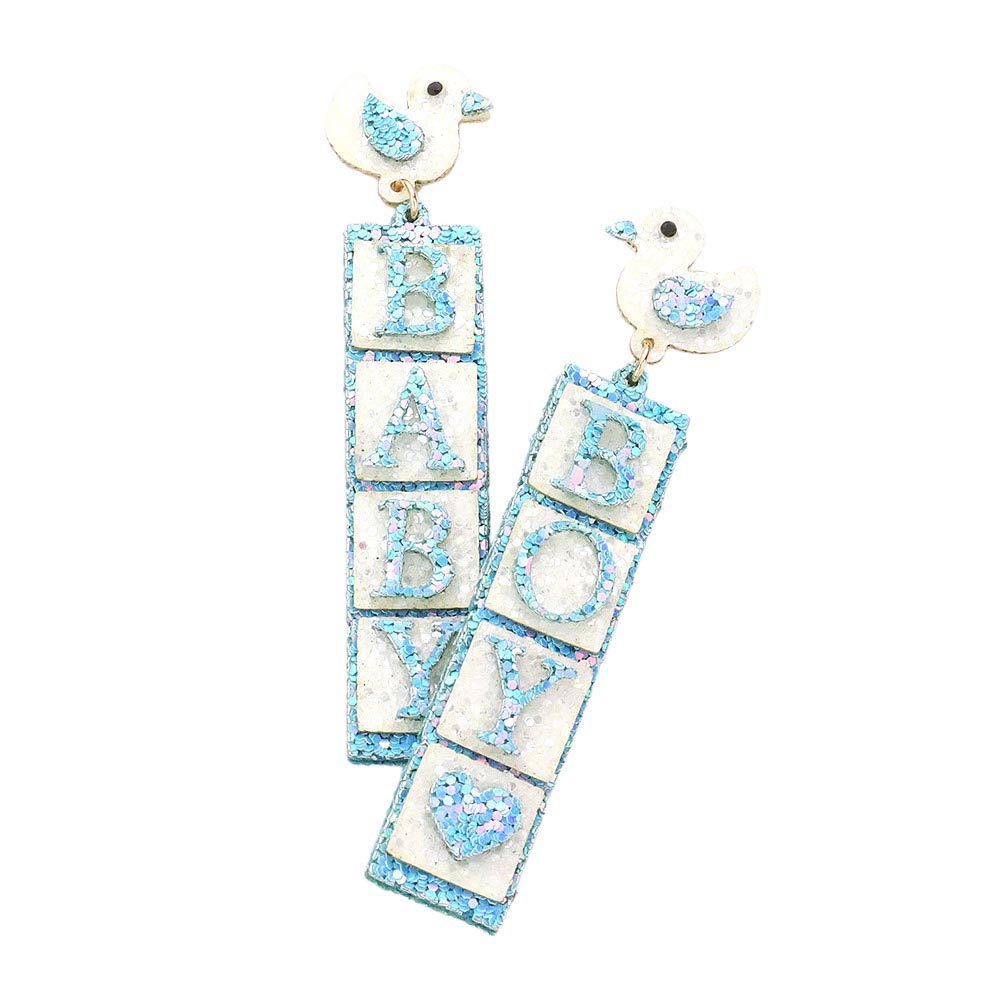 Blue Glittered Chick Baby Boy Message Dangle Earrings, are a sweet way to celebrate the arrival of a new baby boy. Each earring features adorable glittered chicks and a baby boy message, making them a charming addition to any little one's wardrobe.