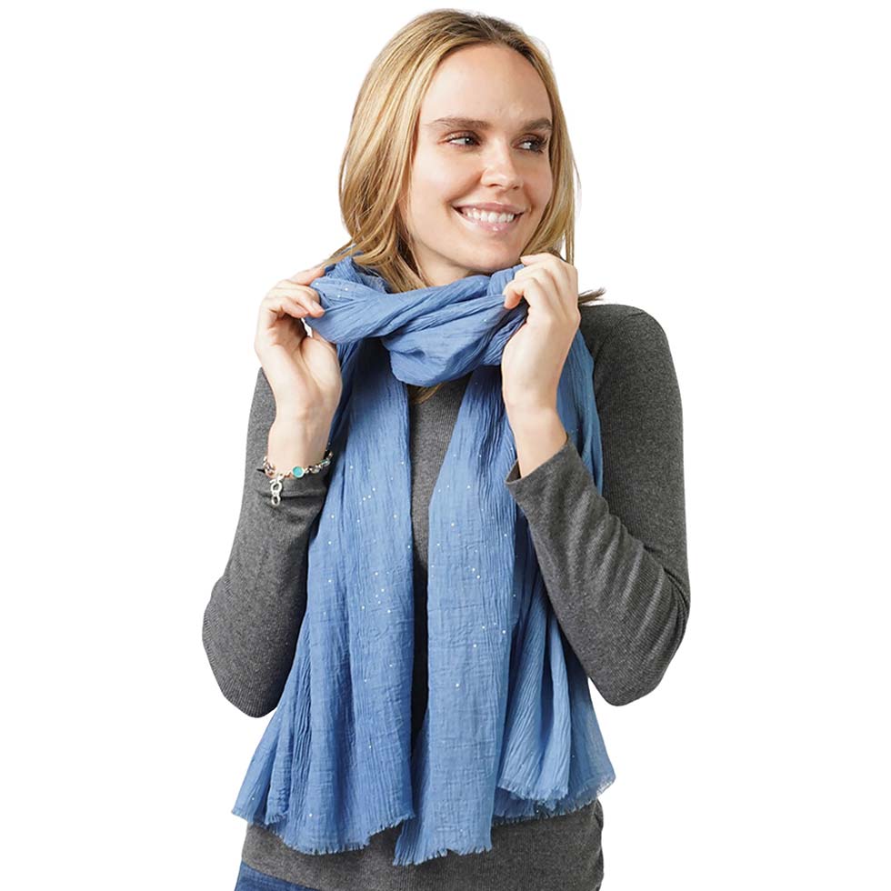 Blue Glittered Crinkle Scarf, this timeless glittered crinkle scarf is a soft, lightweight, and breathable fabric, close to the skin, and comfortable to wear. Sophisticated, flattering, and cozy. Look perfectly breezy and laid-back as you head to the beach. Perfect gift for birthdays, holidays, or fun nights out.
