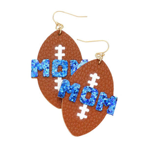 Blue Show off your love of football and your mother with the MOM Message Faux Leather Football Dangle Earrings. Crafted from faux leather, these dangle earrings feature a message of "MOM," perfect for honoring a special mother in your life. Whether you dress up or down, these earrings can complete any outfit. 
