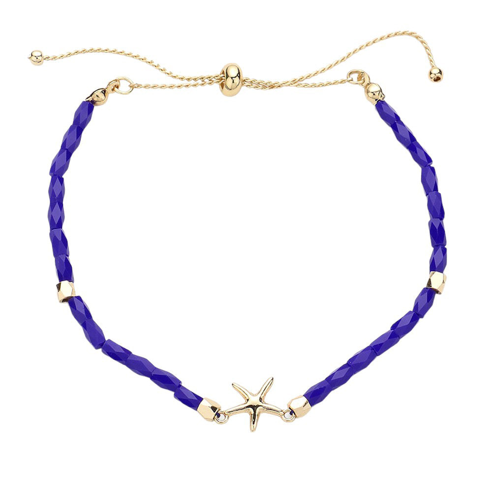 Blue Metal Starfish Pointed Faceted Beaded Pull Tie Cinch Bracelet! Perfect for any occasion, this bracelet features a stunning metal starfish charm and intricately faceted beads that add a touch of elegance and style. Elevate your look and make a statement with this unique and versatile bracelet.