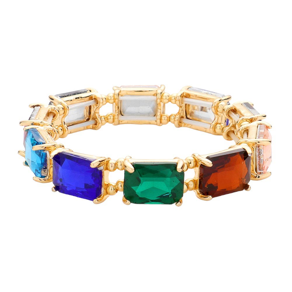 Blue Multi Emerald Cut Stone Stretch Evening Bracelet, crafted from shimmering and high-quality glass beads. The Emerald cut of the stones makes sparkle and adds a touch of sophistication to any special occasion outfit. A timeless piece of jewelry perfect in any collection. Perfect gift for special ones on any special day.