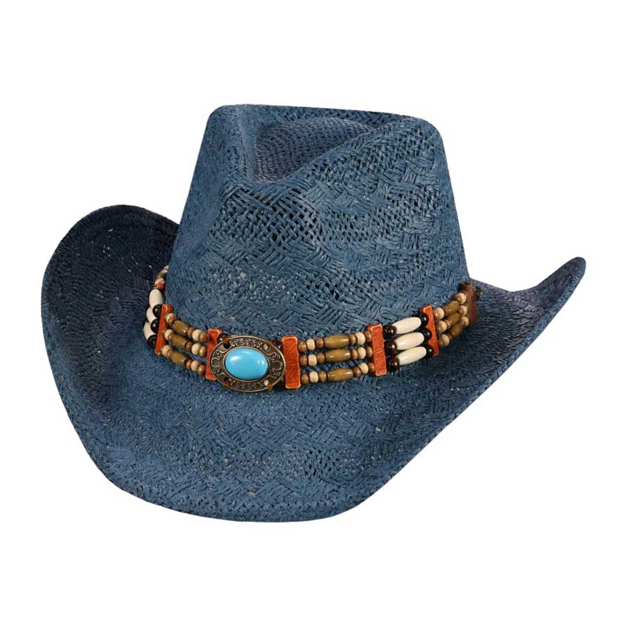 Blue Oval Turquoise Stone Pointed Wood Beaded Straw Cowboy Hat, Step up your Western style with our finely crafted cowboy hat. This hat features a beautiful oval turquoise stone and pointed wood beaded design, adding a unique touch to your outfit. Made with high-quality straw material, it offers both style and comfort.
