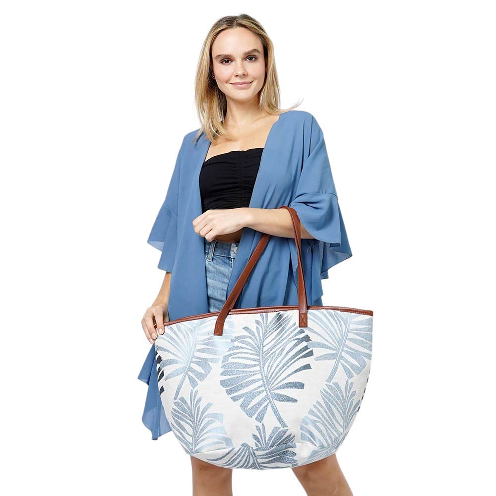 Blue Palm Leaves Print Tote Bag, Experience the perfect blend of style and functionality with our tote fag. Crafted with a vibrant palm leaves print, this bag is not only visually appealing but also spacious enough to carry all your essentials. Made of high-quality materials, it ensures durability for your everyday use.