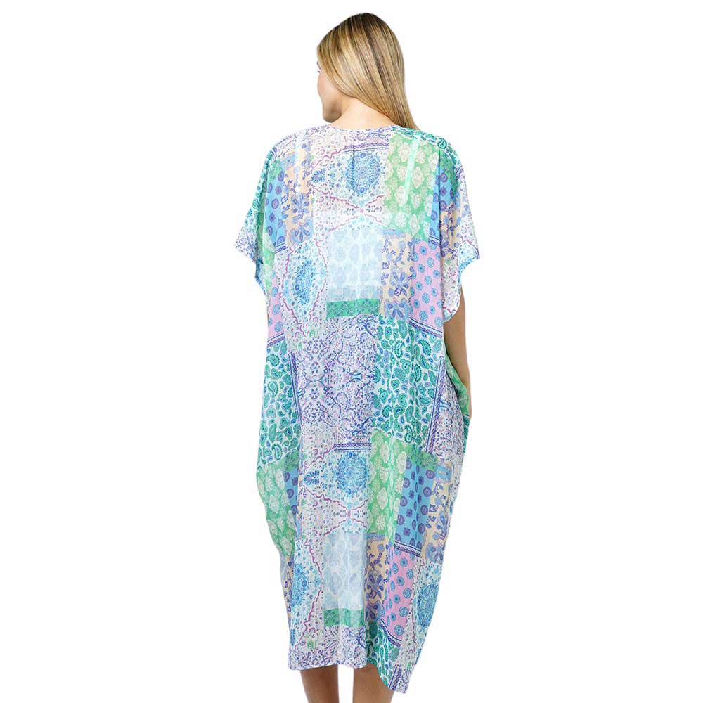 Blue Patchwork Print Lurex Kimono Poncho, Made from high-quality materials, this poncho features a unique patchwork print and shimmering lurex details. Perfect for adding a touch of glamour to any outfit, while also providing comfort and warmth. Experience the best of fashion and function with our kimono poncho.