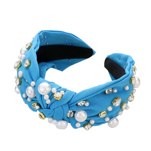Blue Pearl Round Stone Embellished Knot Burnout Headband, create a natural & beautiful look while perfectly matching your color with the easy-to-use stone burnout headband. Push your hair back and spice up any plain outfit with this pearl round heart knot headband! Be the ultimate trendsetter & be prepared to receive compliments wearing this chic headband with all your stylish outfits! 