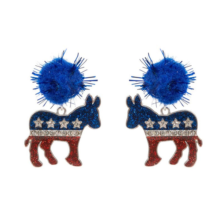 blue-Pom Pom Glittered Enamel Democrat Donkey Dangle Earrings, Perfect accessory for any politically savvy individual. The eye-catching design and sparkly finish make a bold statement while showing support for the Democratic party. These earrings are durable and long-lasting..An eye-catching accessory that makes a statement-1