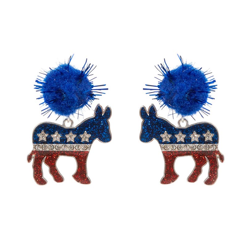 Blue-Pom Pom Glittered Enamel Democrat Donkey Dangle Earrings, Perfect accessory for any politically savvy individual. The eye-catching design and sparkly finish make a bold statement while showing support for the Democratic party. These earrings are durable and long-lasting..An eye-catching accessory that makes a statement