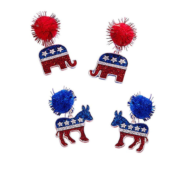 blue-Pom Pom Glittered Enamel Democrat Donkey Dangle Earrings, Perfect accessory for any politically savvy individual. The eye-catching design and sparkly finish make a bold statement while showing support for the Democratic party. These earrings are durable and long-lasting..An eye-catching accessory that makes a statement-2