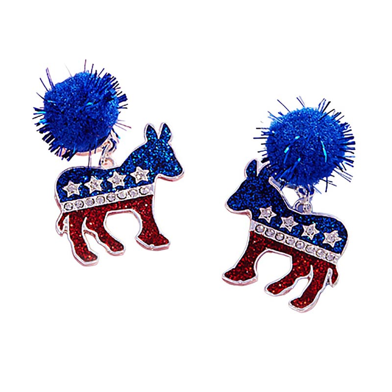 Blue-Pom Pom Glittered Enamel Democrat Donkey Dangle Earrings, Perfect accessory for any politically savvy individual. The eye-catching design and sparkly finish make a bold statement while showing support for the Democratic party. These earrings are durable and long-lasting..An eye-catching accessory that makes a statement