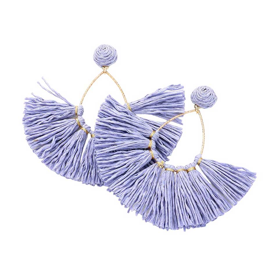 Blue Raffia Fringe Fan Dangle Earrings, Expertly crafted with delicate Raffia Fringe, these earrings add a touch of elegance to any outfit. The fan dangle design creates a unique and eye-catching look, while the lightweight material ensures comfortable wear all day long. Perfect for any occasion.