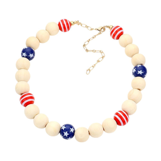 Blue Red American USA Flag Wood Ball Collar Necklace combines patriotic symbolism with artisanal craftsmanship. The spherical wooden pendant features a meticulously painted American flag design, suspended from a comfortable collar-style chain. The natural wood grain creates a unique backdrop for the iconic stars and stripes, offering a sophisticated way to display national pride. Precision-crafted for durability and aesthetic appeal, this statement piece complements both casual and formal attire.