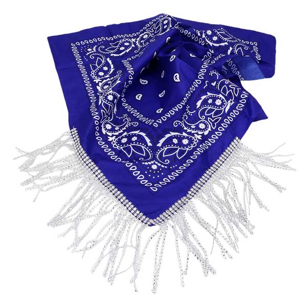 Blue-Rhinestone Like Fringe Cowgirl Bandana Scarf adds a touch of sparkle and charm to any outfit. The fringe detailing and cowgirl motif make it a perfect accessory for any western-themed event. Made with high-quality materials, this scarf offers both style and durability. Perfect gift choice for someone you love.