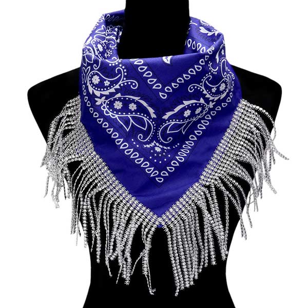 Blue-Rhinestone Like Fringe Cowgirl Bandana Scarf adds a touch of sparkle and charm to any outfit. The fringe detailing and cowgirl motif make it a perfect accessory for any western-themed event. Made with high-quality materials, this scarf offers both style and durability. Perfect gift choice for someone you love.