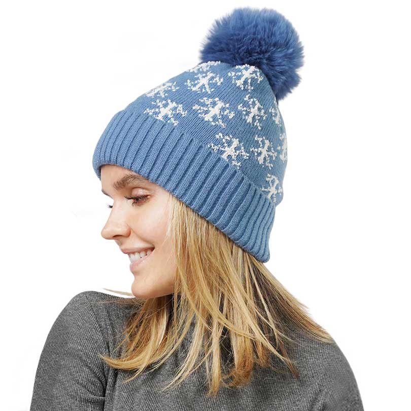 Blue Snowflake Patterned Faux Fur Lining Knit Pom Pom Beanie Hat, wear this beautiful hat with any ensemble for the perfect finish before running out the door into the cool air. It's an excellent gift for your friends, family, or loved ones. This is the perfect gift for Christmas, especially for your friends and family.