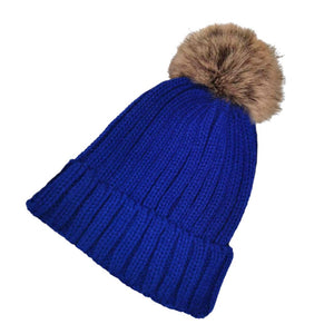 Blue Solid Knit Faux Fur Pom Pom Beanie Hat, stay warm during the chilly months with this cozy pom pom beanie hat. This is the perfect hat for any stylish outfit or winter dress. Perfect gift item for Birthdays, Christmas, Stocking stuffers, Secret Santa, holidays, anniversaries, Valentine's Day, etc.