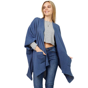Blue Solid Knit Front Pockets Vest Poncho, With the latest trend in ladies' outfit cover-up! the high-quality knit poncho is soft, comfortable, and warm but lightweight. It's perfect for your daily, casual, party, evening, vacation, and other special events outfits. A fantastic gift for your friends or family.