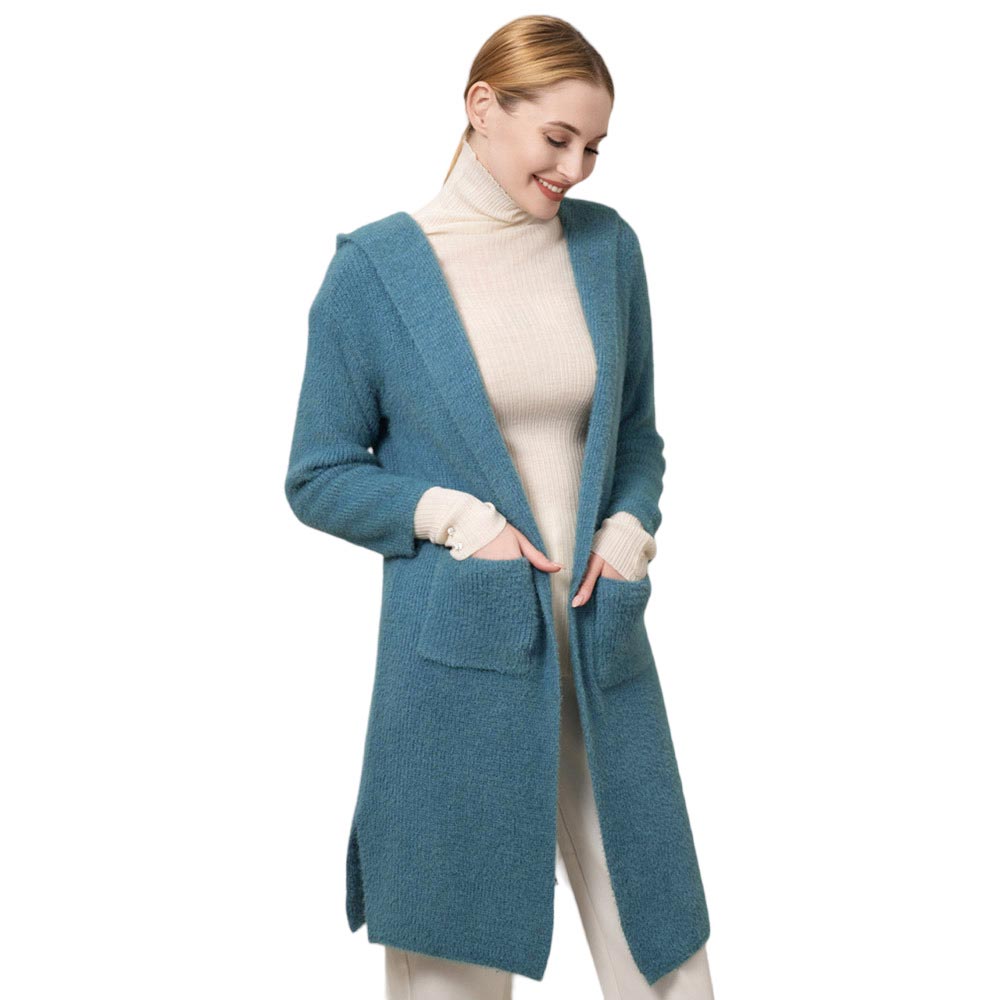 Blue Solid Soft Front Pockets Cardigan, delicate, warm, on-trend & fabulous, a luxe addition to any cold-weather ensemble. You can put your hands in its front pocket to keep yourself warm. You can throw it on over so many pieces elevating any casual outfit! Perfect Gift for wife, mom, birthday, holiday, etc.