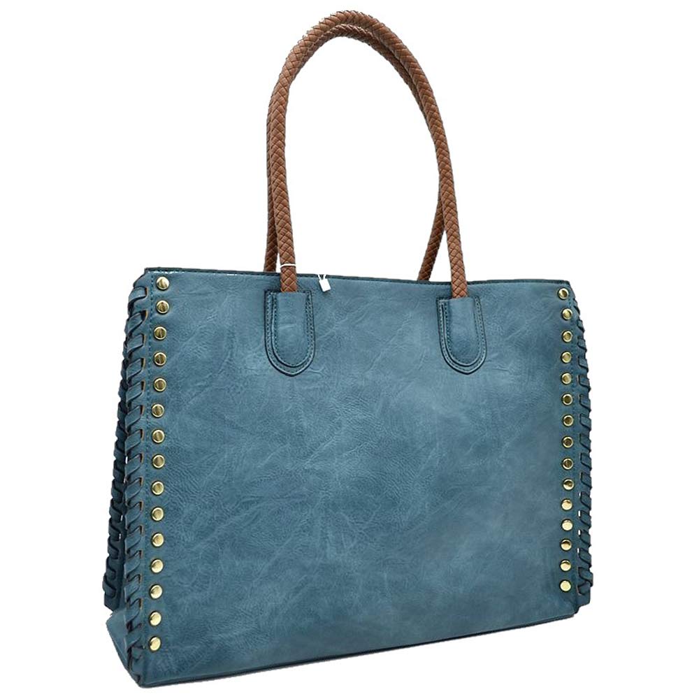 Blue Studded Faux Leather Whipstitch Shoulder Bag Tote Bag, is crafted from high-quality faux leather, featuring a stylish whipstitch trim and studded accents. Its adjustable strap makes it perfect for everyday use, this spacious handbag features a roomy interior to hold all your essentials. This bag is sure to turn heads.
