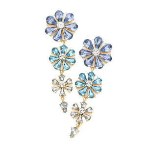 Blue Teardrop Cluster Triple Flower Link Dangle Evening Earrings. Enhance any evening look with these elegant earrings featuring a stunning teardrop design and delicately crafted triple flower links. The perfect accessory for a touch of sophistication and glamour. Made with quality materials for lasting beauty.