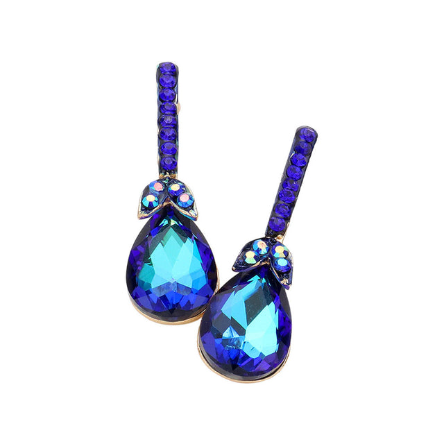 Blue Teardrop Stone Accented Evening Earrings, featuring Gorgeous evening earrings and teardrop stones accented with sparkling crystals. These earrings will add a touch of glamour to any attire. Perfect for any occasion. These beautifully unique designed earrings are suitable as gifts for wives, friends, and mothers.