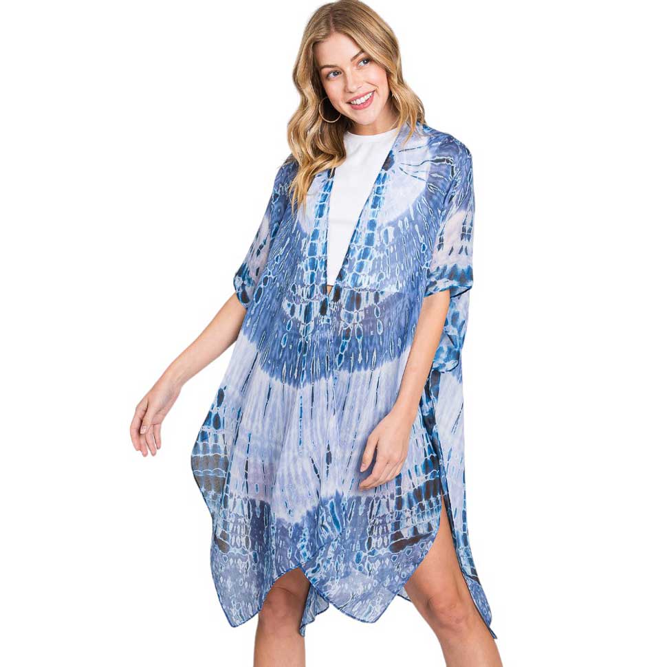 Blue Tie Dye Print Kimono Poncho, is the perfect addition to any wardrobe. Made of high-quality polyester fabric with a unique tie dye print, it is both stylish and comfortable. Its versatile design allows for a variety of styling options, making it a must-have for all fashion enthusiasts. Gift it yourself or to loved one.