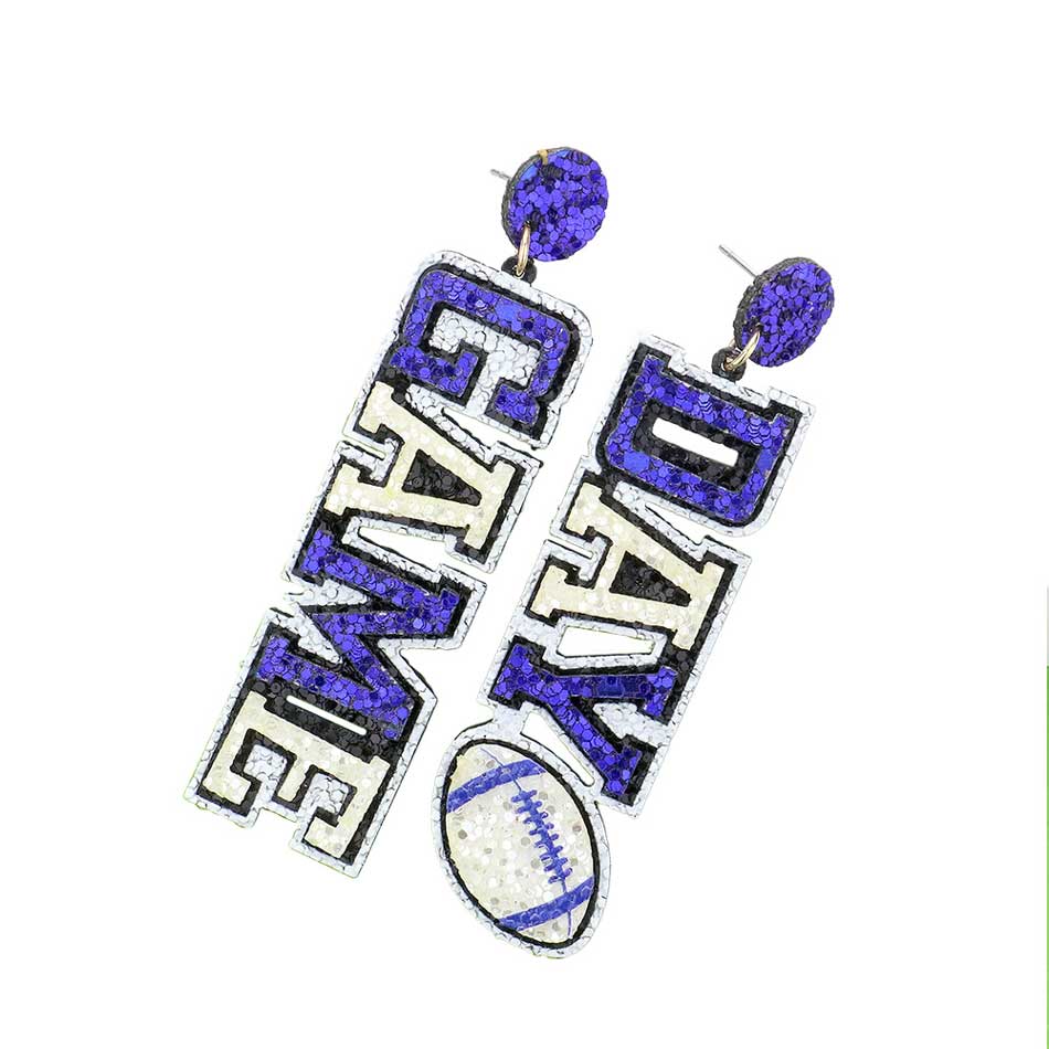 Blue White Game Day Message Football Bling Dangle Earrings, feature a sparkling crystal football and message charms with a metallic finish. Show your team spirit with these whimsical earrings. The perfect accessory for the biggest game days and the perfect gift for sports lovers. 