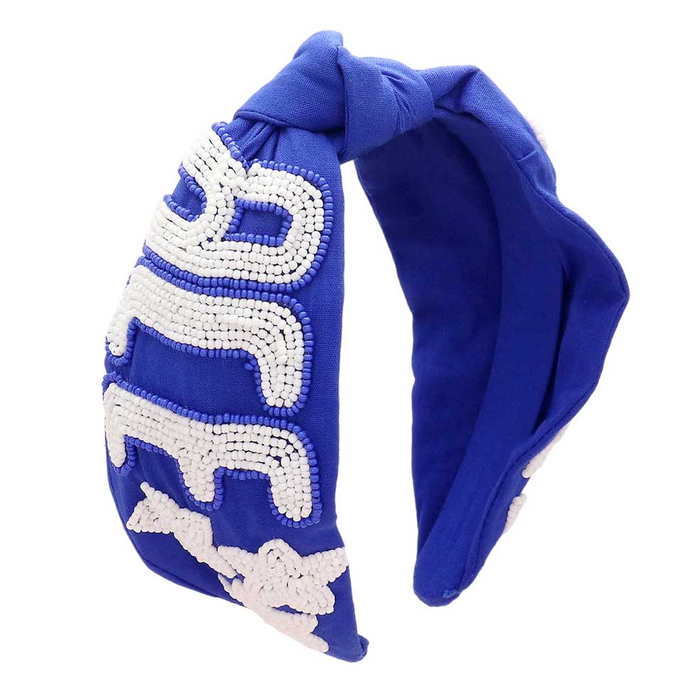 Blue White Get ready for the game with this Game Day Seed Beaded ACE Message Star Knot Burnout Headband. Crafted with soft material and adorned with seed beading, an ACE message, and a star knot, this headband is perfect for making a statement and staying comfortable at the same time. Cheer up your favorite team with this.