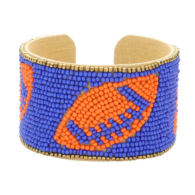 Blue Orange Game Day Seed Beaded Football Accented Cuff Bracelet, Show your love for the game with the Game Day Seed Beaded Football Accented Cuff Bracelet. It features a football design accent to create a unique and fashionable look. Perfect for any game day, this bracelet is sure to add a touch of team spirit to your wardrobe.