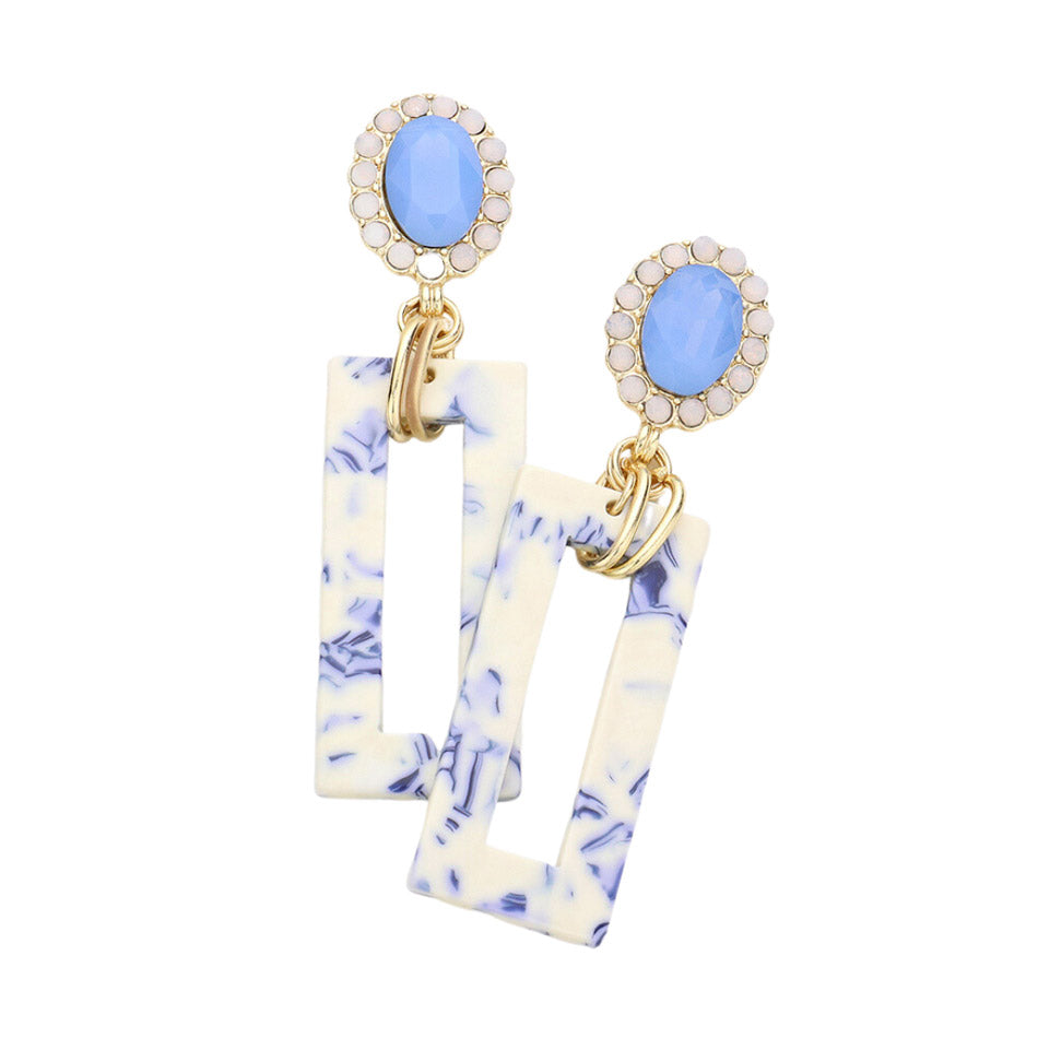 Tired of plain old earrings? Add some pizzazz to your look with these Blue Oval Stone Celluloid Acetate Open Rectangle Link Dangle Earrings! Embellished with rhinestones in open circles, these earrings are sure to sparkle. Perfect Birthday Gift, Anniversary Gift,  Christmas Gift, Regalo Navidad, Regalo Cumpleanos