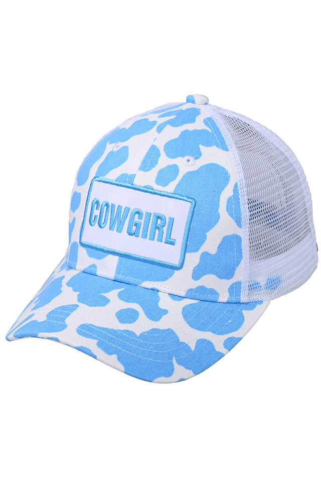 Blue C.C Cowgirl baseball cap features a cow pattern, perfect for any cowgirl looking to add some Western flair to their wardrobe. Made with high-quality materials, this cap is both stylish and durable. Complete your look with this must-have accessory.