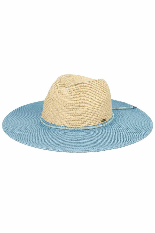 Blue The C.C Two Tone Panama Sun Hat combines classic style with practical sun protection. Crafted from a breathable blend of 80% paper and 20% polyester, this lightweight hat keeps you cool during warm weather while maintaining its shape. The two-tone design adds visual interest, complemented by a decorative band around the crown. With a 4" brim and 4" crown height, this hat offers excellent UV coverage for your face and neck. The generous 22.6" circumference fits most head sizes comfortably. One-size-fits