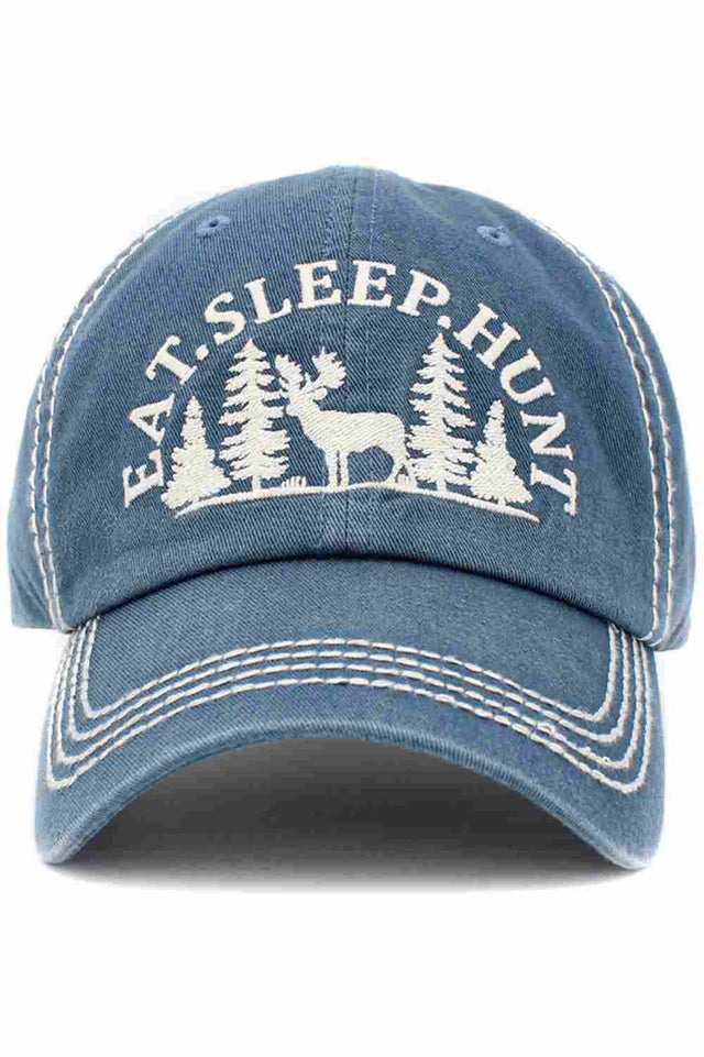 Blue The Eat Sleep Hunt vintage baseball cap features a bold, outdoors-inspired design with a classic washed finish for a rugged, broken-in look. Comfortable and adjustable, it’s perfect for hunting trips, outdoor adventures, or everyday casual wear.