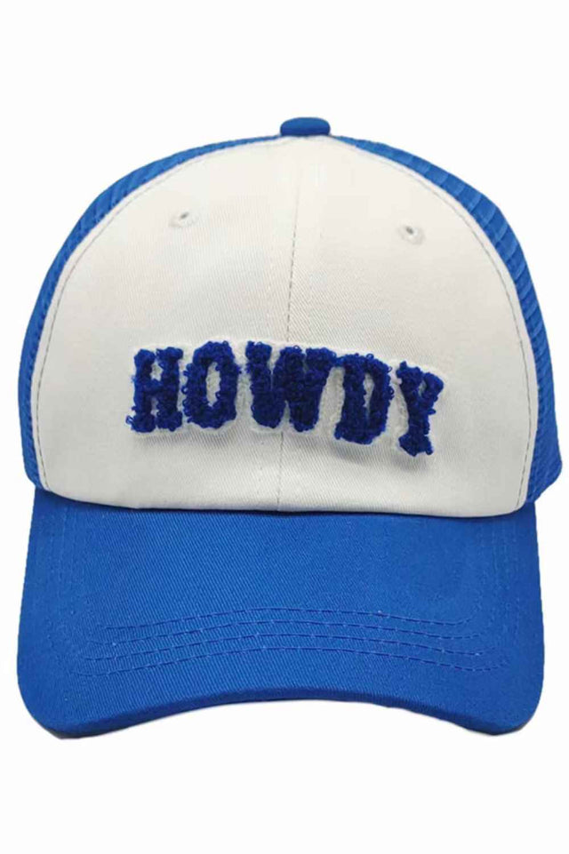Blue Show off a classic Western style with this HOWDY mesh back baseball cap, featuring a bold front embroidery and a breathable mesh back for all-day comfort. The adjustable snap closure and curved brim make it perfect for outdoor adventures, casual outings, and sunny days on the go.