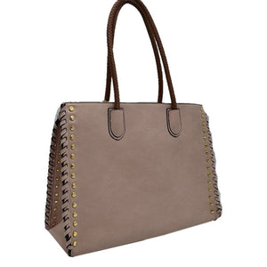 Blush Studded Faux Leather Whipstitch Shoulder Bag Tote Bag, is crafted from high-quality faux leather, featuring a stylish whipstitch trim and studded accents. Its adjustable strap makes it perfect for everyday use, this spacious handbag features a roomy interior to hold all your essentials. This bag is sure to turn heads.