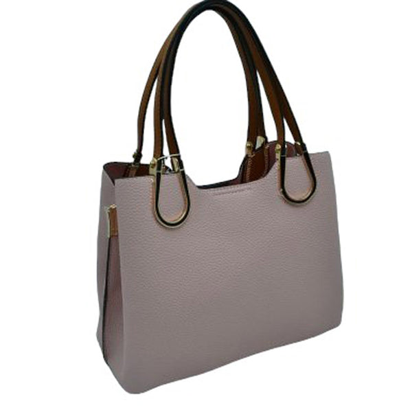 Blush Textured Faux Leather Horseshoe Handle Women's Tote Bag, featuring an eye-catching textured faux leather exterior and a horseshoe-shaped handle. The bag has a spacious interior, perfect for days when you need to carry a lot of items. Its structure and design ensure that your items will stay secure even on the go.