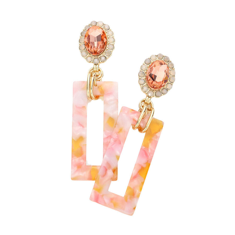 Tired of plain old earrings? Add some pizzazz to your look with these Blush Oval Stone Celluloid Acetate Open Rectangle Link Dangle Earrings! Embellished with rhinestones in open circles, these earrings are sure to sparkle. Perfect Birthday Gift, Anniversary Gift,  Christmas Gift, Regalo Navidad, Regalo Cumpleanos
