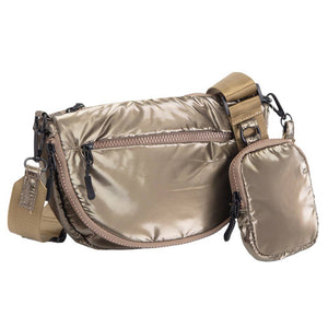 Bronze Glossy Puffer Half Moon Crossbody Bag, the lightweight, stylish design features a durable water-resistant nylon that is perfect for outdoor activities. The adjustable shoulder strap makes it easy to sling across your body for hands-free convenience. Carry your essentials in style and comfort with this fashionable bag.